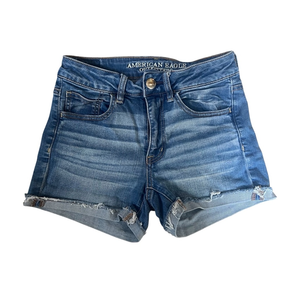American Eagle Hi Rise Shortie Blue Denim Jean Shorts Cuffed Womens Size 2